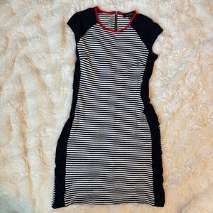 Karen Kane Navy White Striped Dress Red Trim Nautical Sleeveless Shift